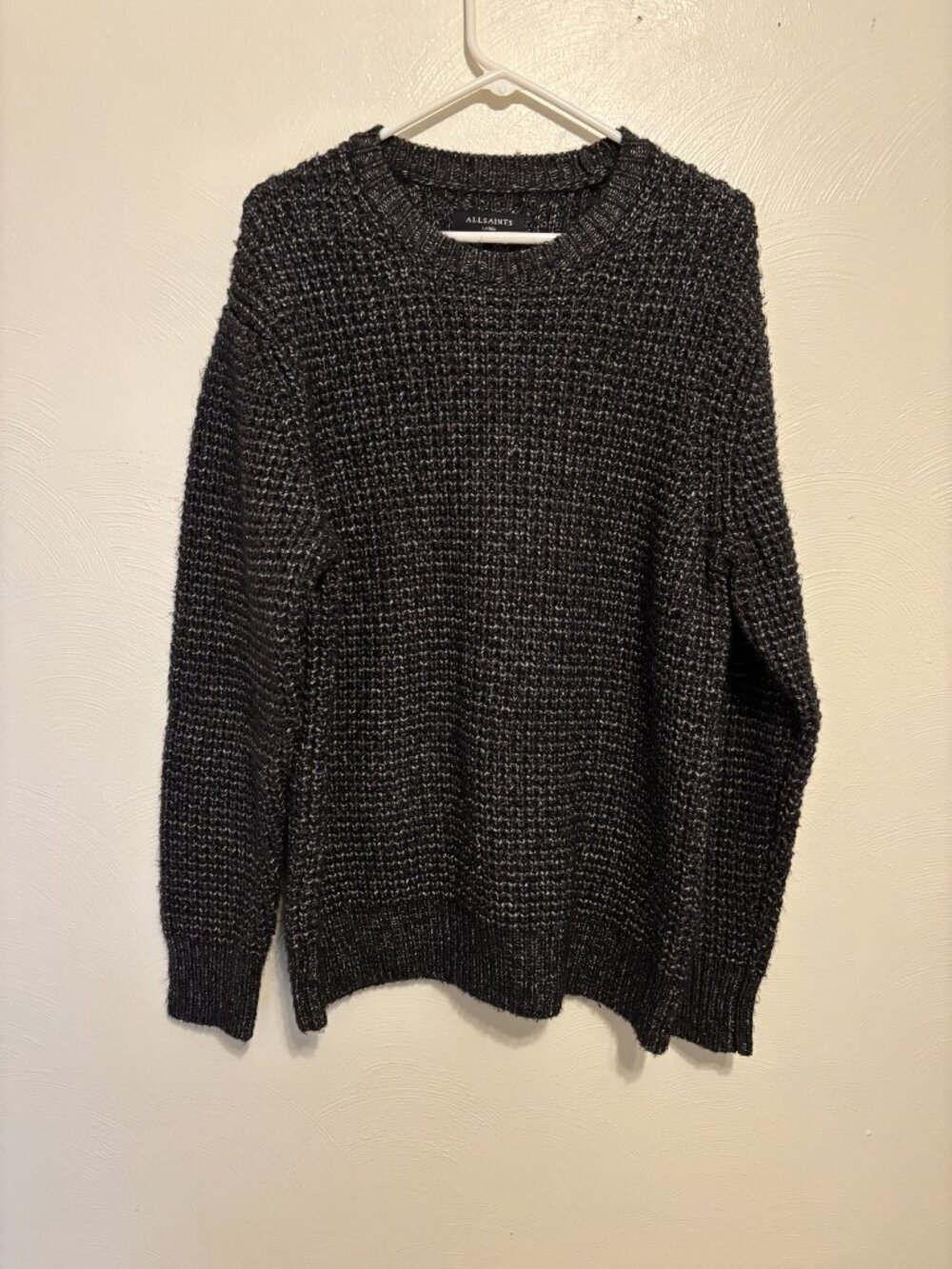 AllSaints Mens Large Knit Sweater In Black & Gray Chunky Cotton Blend